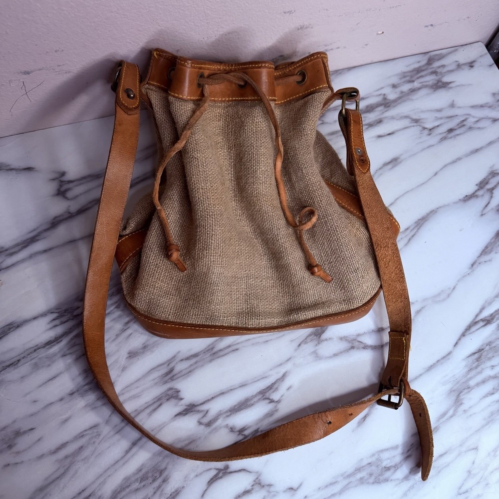 Vintage Ralph Lauren Burlap Leather Drawstring Bucket Bag Shoulder Purse Boho